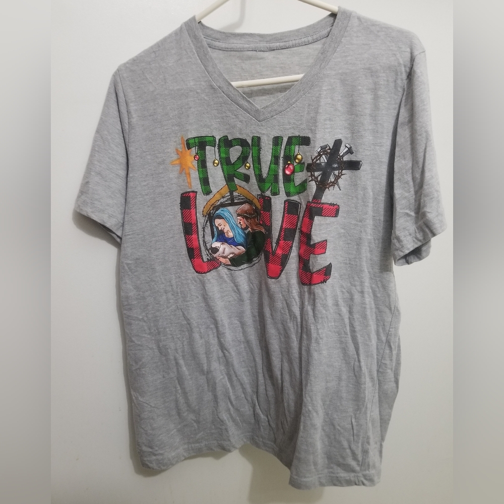 "True Love" religious Christmas v-neck shirt